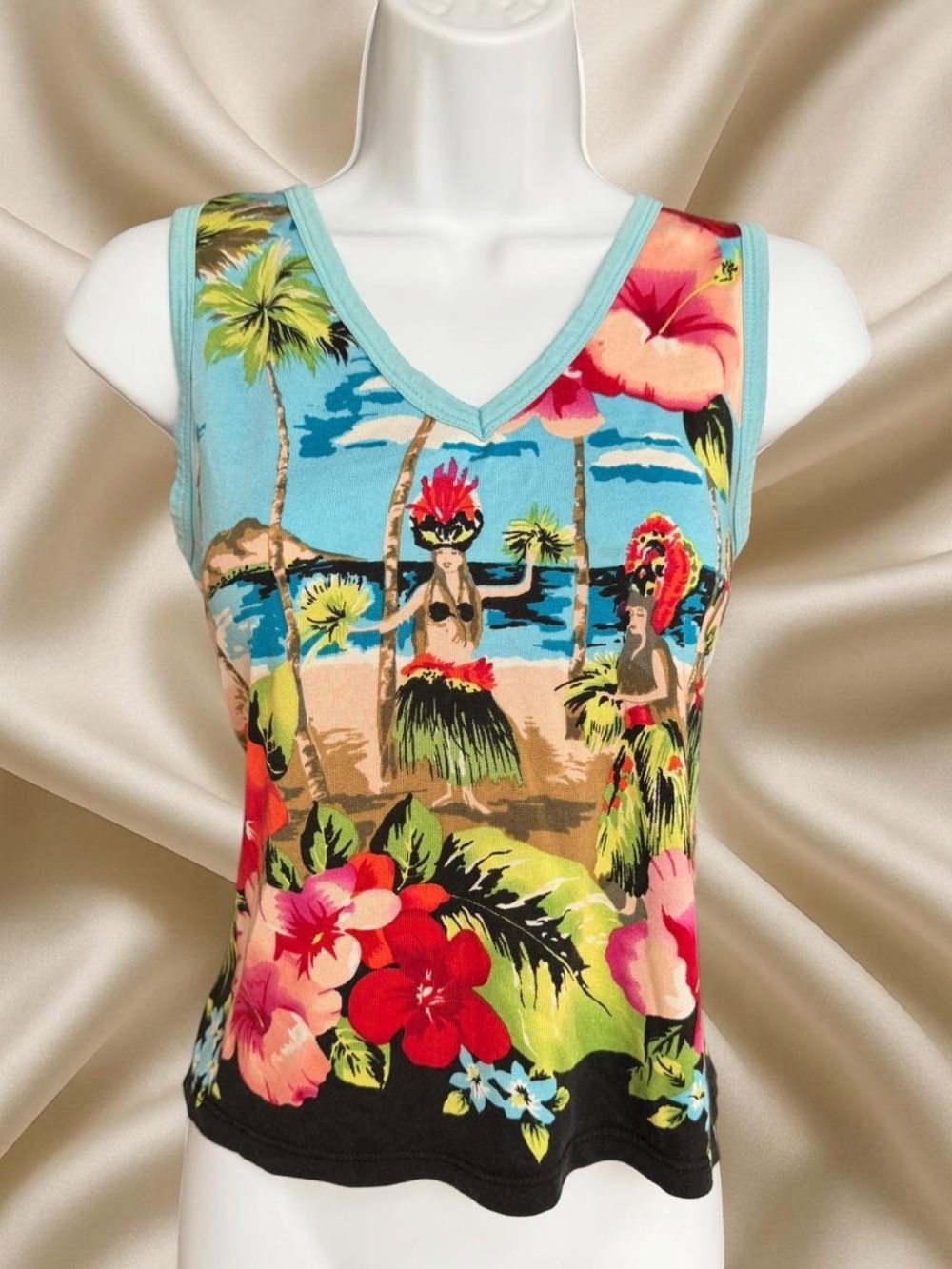 Island Hula Floral V-Neck Tank Top - Blue Multi